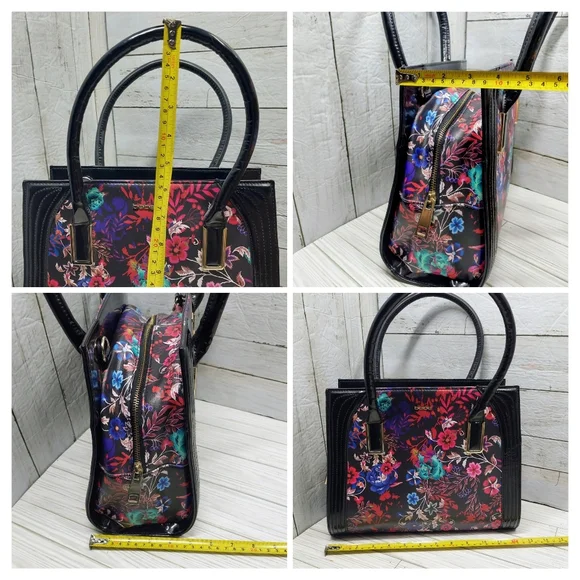 Bebe Black Multi-Floral Print Med/Lrg 2Handle Zip Pockets Square Satchel Handbag - Picture 6 of 8